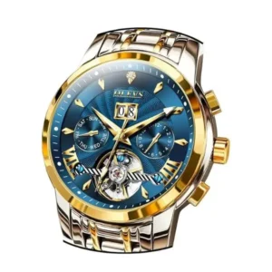 OLEVS Men's Automatic Skeleton Luxury Watch – Stainless Steel, Mechanical Movement, Calendar Display